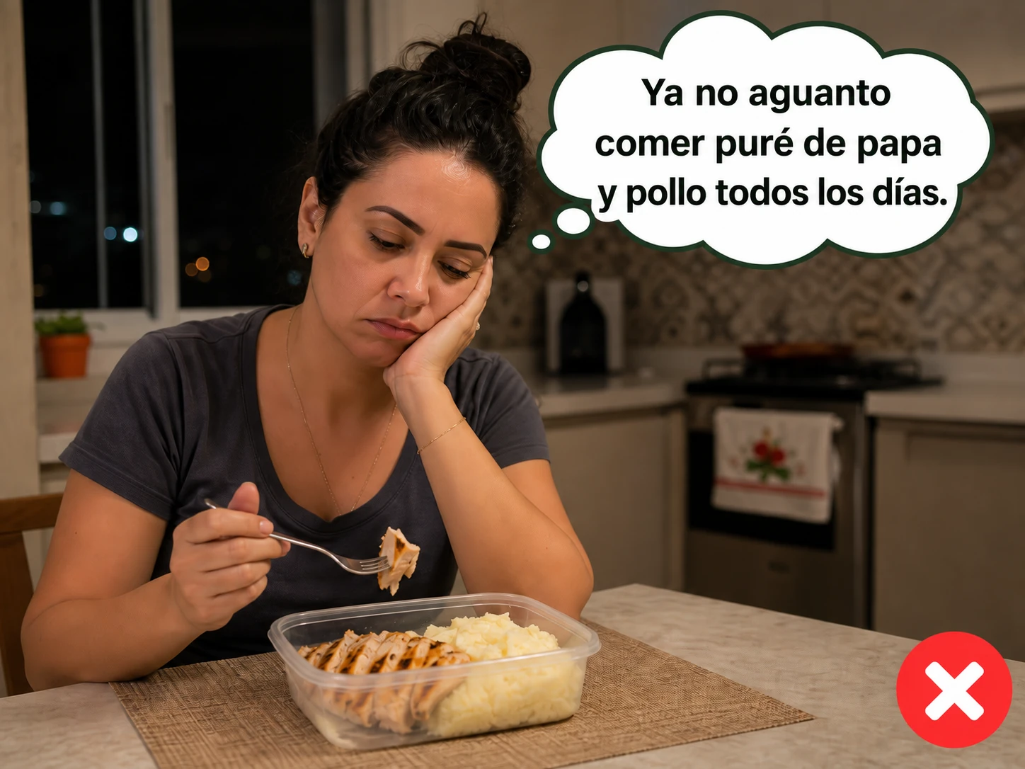 Mujer insatisfecha por comer la misma comida todos los días