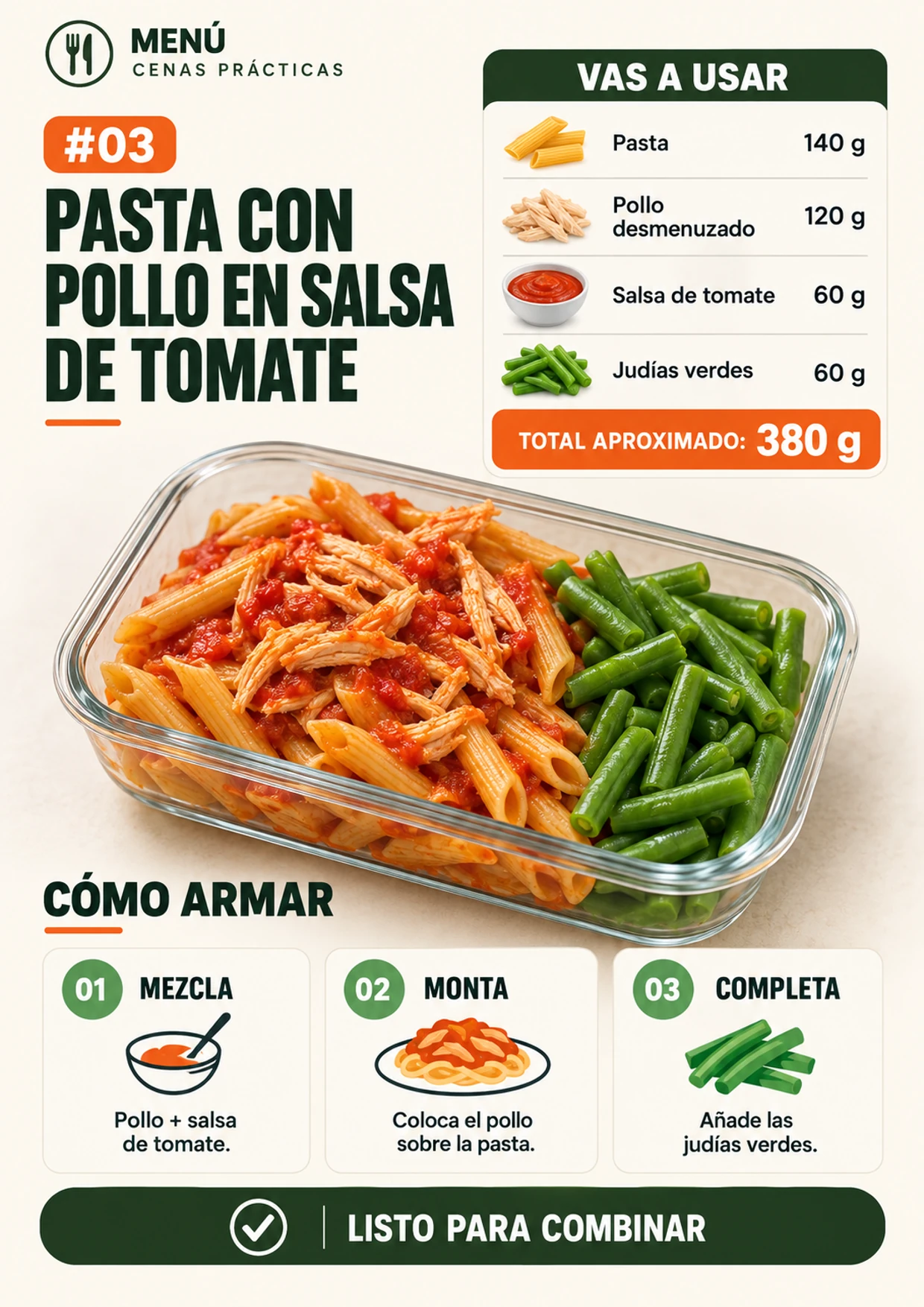 Combinación 3 de pasta con pollo en salsa de tomate