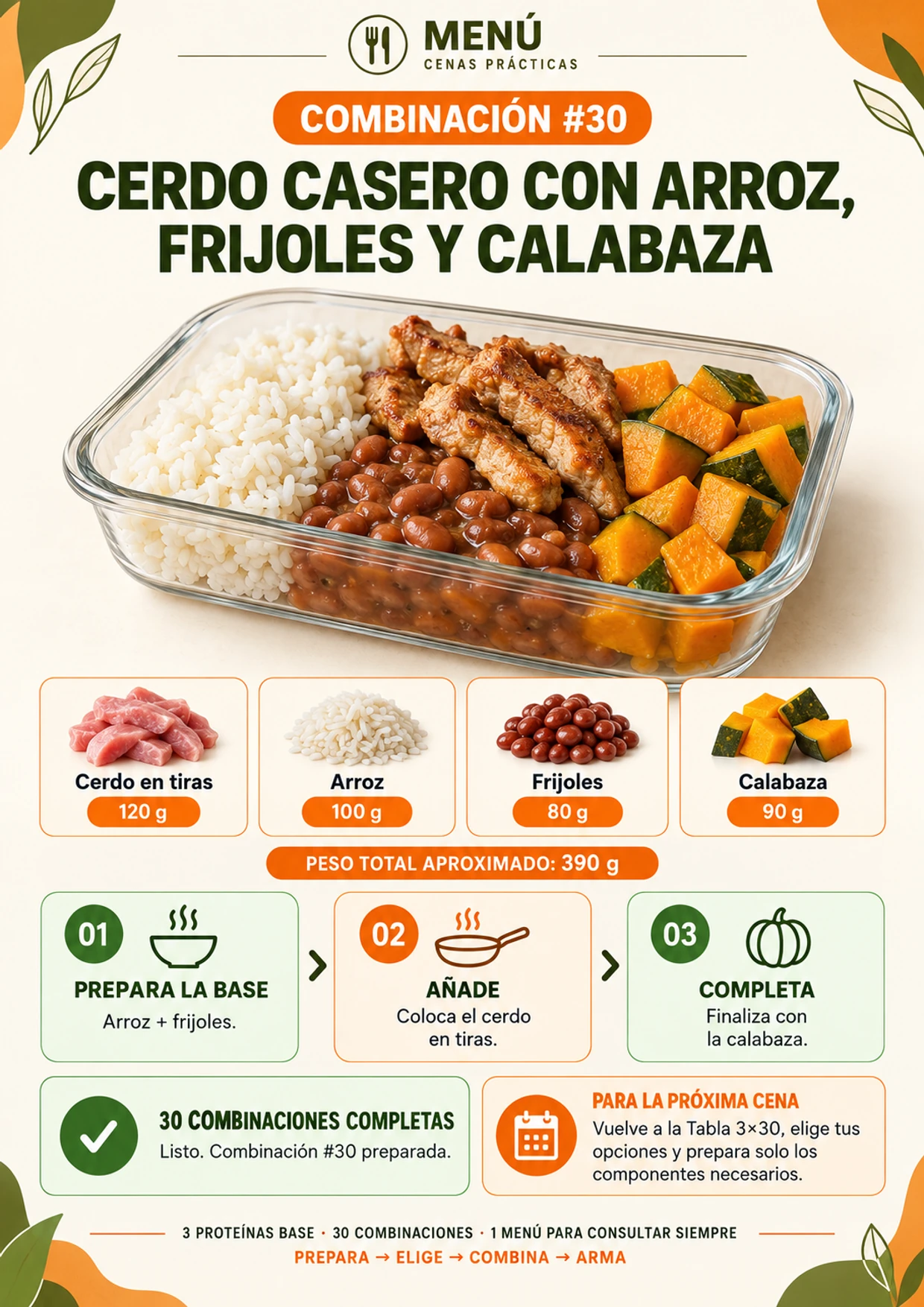 Combinación 30 de cerdo casero con arroz, frijoles y calabaza