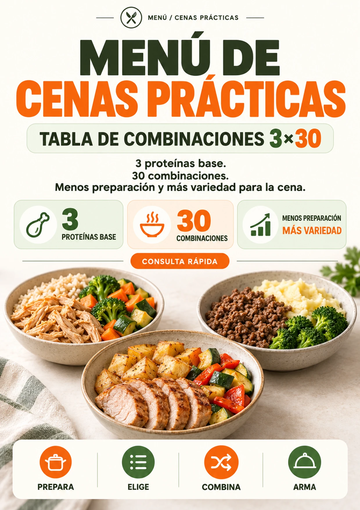 Portada del Menú de Cenas Prácticas con la Tabla de Combinaciones 3×30