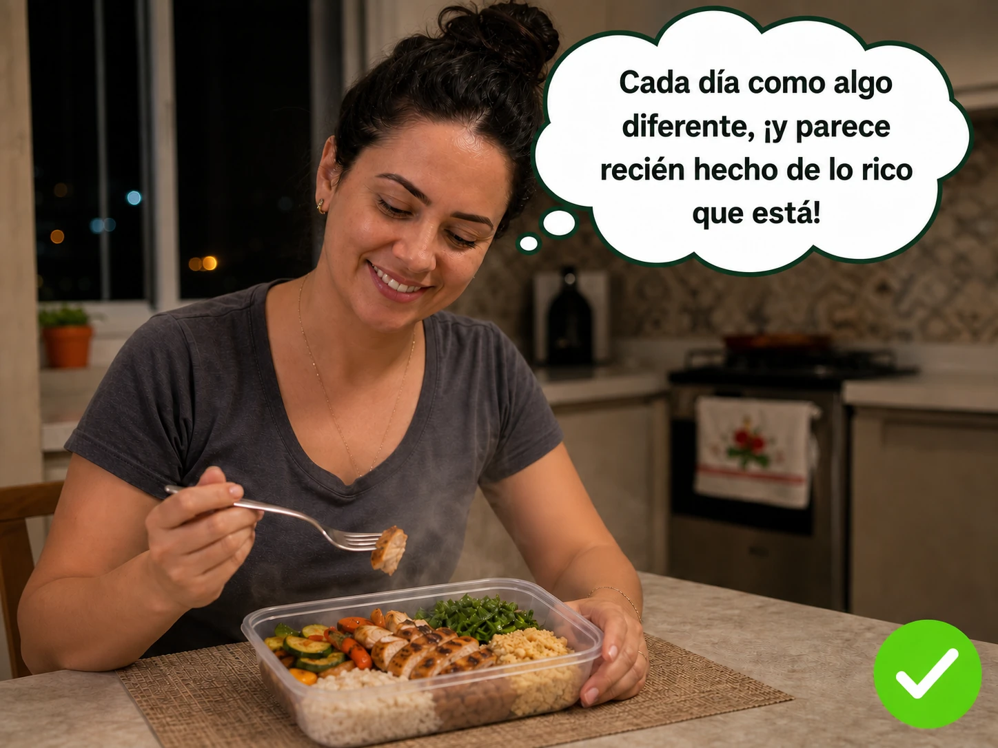 Mujer satisfecha con una comida variada
