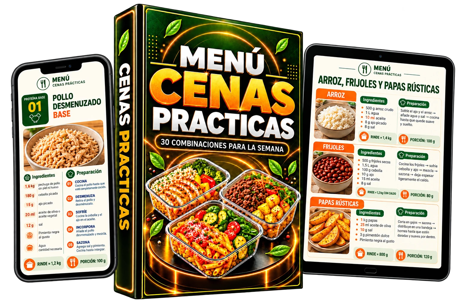 Mockup del Menú Cenas Prácticas con celular, libro y tablet