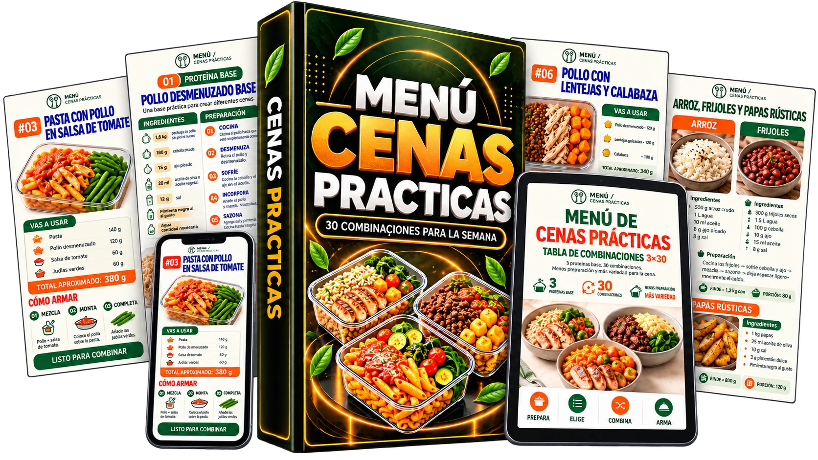 Mockup del Menú Cenas Prácticas con recetas, celular y tabla de 30 combinaciones